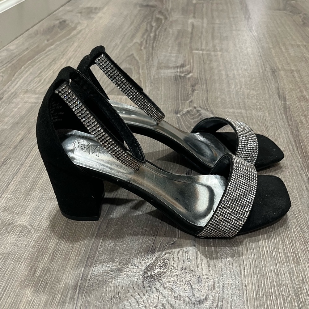 Black Strap Heels with Rhinestones, Size 9